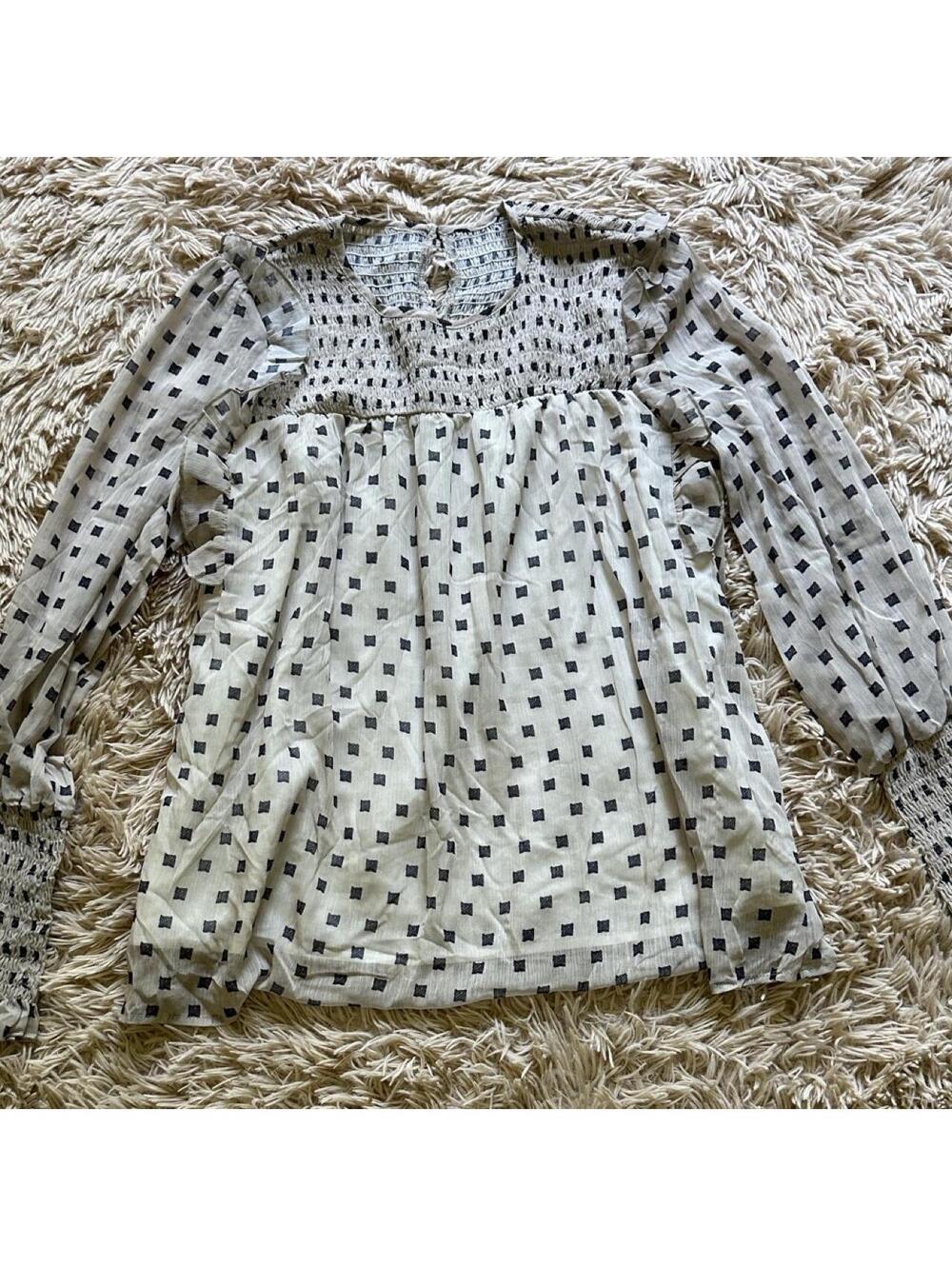 Lightweight Sheer Black and White Square Pattern Blouse Size S